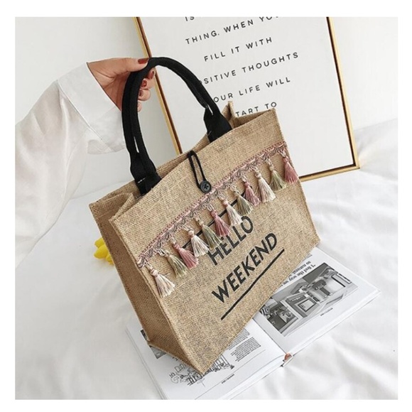 Hello Weekend Mode- Tassel Linen Shoulder Bag - Picture 2 of 8